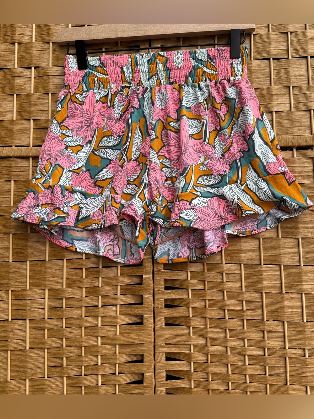 Maaji Pink Floral Smocked Waist Shorts with Mustard & Teal Accents Women’s Small